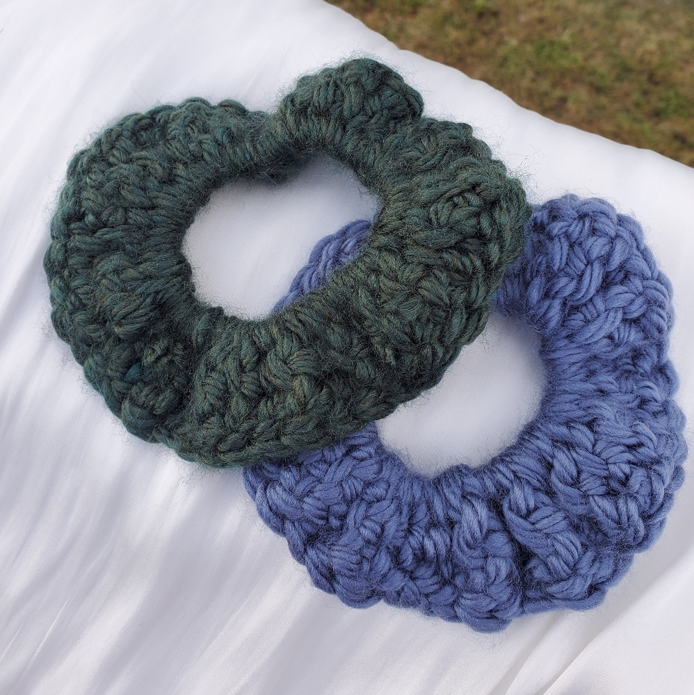 Two handmade crocheted scrunchies